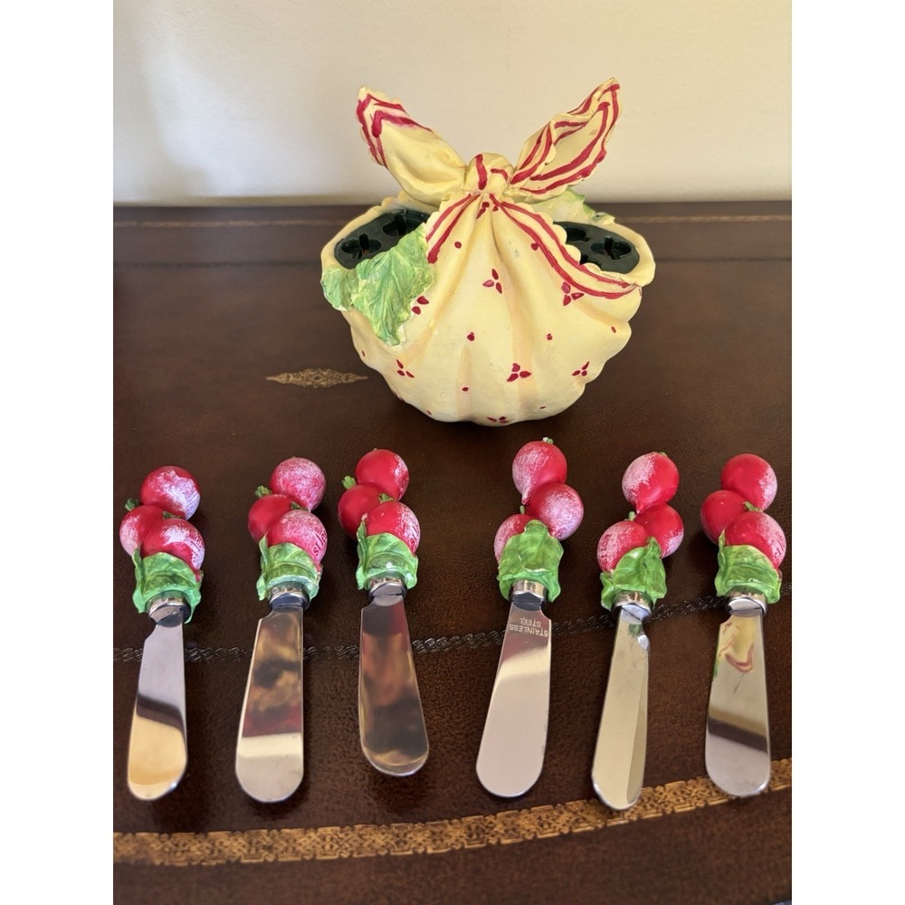 Set Of 6 Cheese Butter Jam Spreaders in Little Kerchief Holder Little Radishes